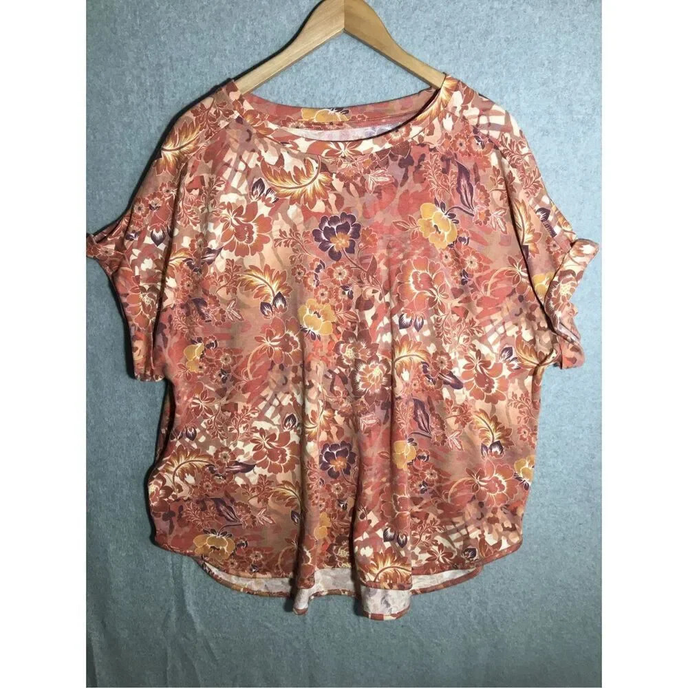 Womens Cupio Blouse Floral Pink Scoop Neck Plus Size Drop Shoulder